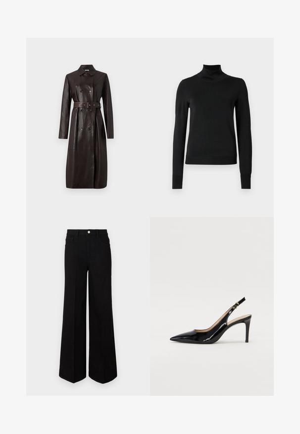 Gabardina larga de piel marrón oscura con botones de doble pecho, cinturón en la cintura y un cuello clásico.; Suéter negro de manga larga con cuello de tortuga, con puños y dobladillo acanalados, exhibido sobre un fondo blanco liso.; Pantalones de mezclilla negros de pierna ancha, hechos de una tela resistente, con una cintura alta, bolsillos frontales y un cierre de botón en la parte delantera. Dobladillo recto en la parte inferior.; Zapatos de charol negro con tirante al tobillo, punta afilada, tacón delgado y un diseño de corte sutil. Presenta una hebilla dorada en la correa.