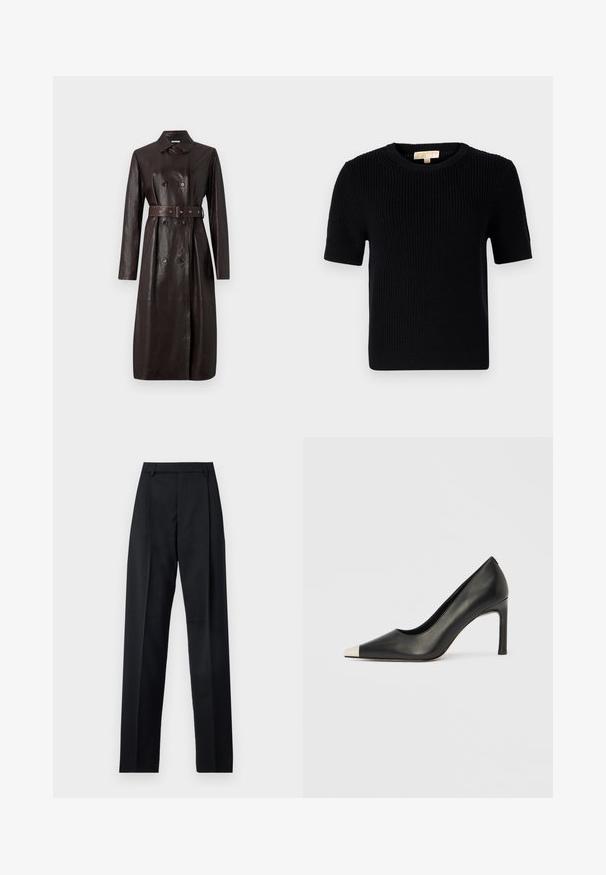 Cappotto lungo in pelle marrone scuro con bottoni doppi, vita con cintura e colletto classico.; Maglione lavorato a maglia nero a maniche corte con scollo rotondo. Presenta una trama a coste e un orlo dritto. Etichetta sul colletto interno.; Pantaloni neri realizzati in tessuto morbido, caratterizzati da vita alta, gambe larghe, pince frontali e classiche passanti per cintura. Non ci sono tasche laterali visibili.; Scarpa con tacco alto in pelle nera con punta affilata e cappuccio metallico argento. Presenta una finitura liscia e un tacco sottile di 10 cm.