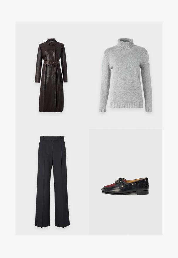 Dunkelbrauner Leder-Langmantel mit doppelreihigen Knöpfen, Gürtel in der Taille und klassischem Kragen.; Hellgrauer Rollkragenpullover aus weichem Strickmaterial, mit langen Ärmeln und geripptem Textur am Kragen und Saum.; Weißes Langarmhemd aus glattem Stoff, mit einem Kragen und einer Knopfleiste mit hellrosa Knöpfen.; Dunkelblaue Nadelstreifenhosen mit hoher Taille, weit geschnittenem Bein und ohne sichtbare Beschläge oder Verzierungen. Glatte Textur und taillierte Passform.; Schwarze Lederschuhe im Boot-Stil mit einer roten Wildleder-Spitze, goldenen Ösen und einer dekorativen Schleife. Glatte Textur mit einem niedrigen Blockabsatz.
