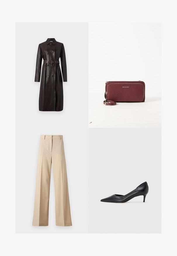 Manteau trench long en cuir brun foncé avec des boutons double boutonnage, taille ceinturée et col classique.; Chemise marron à manches longues avec un col et des poignets pointus, présentée sur un fond blanc uni.; Pantalons larges beiges en tissu lisse, avec un devant plat avec des plis, une fermeture éclair et des passants de ceinture. Coupe ajustée dans l'ensemble.; Escarpin en cuir noir avec un bout pointu et un talon bas. Présente une texture lisse et un éclat subtil. Découpe ouverte à l'avant pour un détail supplémentaire.; Portefeuille en cuir bordeaux avec finition texturée, fermeture éclair, quincaillerie en métal argenté et bandoulière amovible. Présente un logo sur le devant.