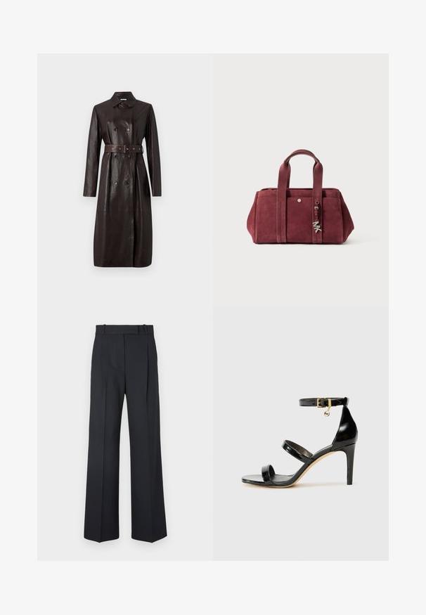 Mørkebrun læder lang trenchcoat med dobbeltbrystede knapper, bælte i taljen og en klassisk krave.; Sort læder skjorte med knaplukning fortil, spidse kraver og to brystlommer. Har en løs pasform og glat tekstur.; Mørkeblå stribede bukser med høj talje, vidde bendesign og ingen synlig hardware eller dekorationer. Glat tekstur og skræddersyet pasform.; Sorte patenterede lædersandaler med tre stropper, ankelspænde og 10 cm stiletthæl. Har detaljer i guld og et logo charms.; Bordeaux ruskindshåndtaske med to top-håndtag, lynlåslukning, forlommesektion og metalcharmeraccent. Rektangulær form med blød tekstur.