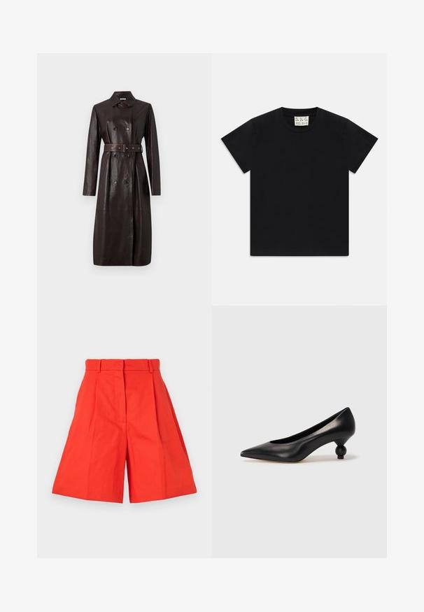 Cappotto lungo in pelle marrone scuro con bottoni doppi, vita con cintura e colletto classico.; Maglietta nera a maniche corte con collo rotondo e un'etichetta bianca all'interno del colletto con la scritta "D.R.C. EST. 2002" su sfondo bianco.; Shorts in cotone rosso con vita alta, caratterizzati da pieghe e una silhouette ampia. Tessuto liscio e linee pulite. Senza tasche né decorazioni.; Scarpa con tacco alto in pelle nera, con punta affilata e tacco arrotondato e bombato. Texture liscia con un design elegante e minimalista.
