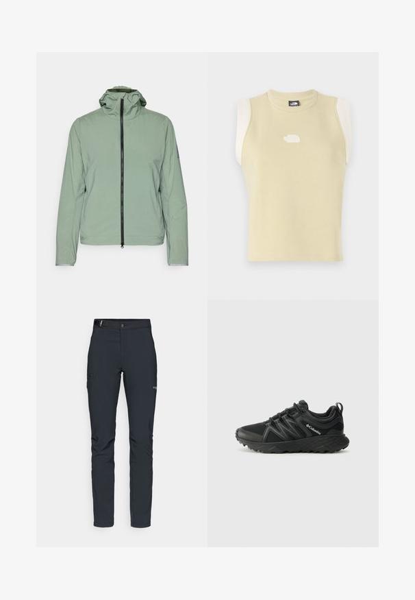 Lysegrønn, lett jakke med glidelås, justerbar hette og elastiske mansjetter. Har en enkel, glatt tekstur og minimalistisk design.; Ermeløs topp i pastellgul bomull med rund hals. Har kontrasterende kremfargede skulderpaneler og en teksturert logo på brystet.; Herre utendørsbukser, mørkegrå, laget av fleksibelt materiale, med belte, glidelåslommer og forsterkede sømmer.; Columbia PEAKFREAK - Fjellsko - black