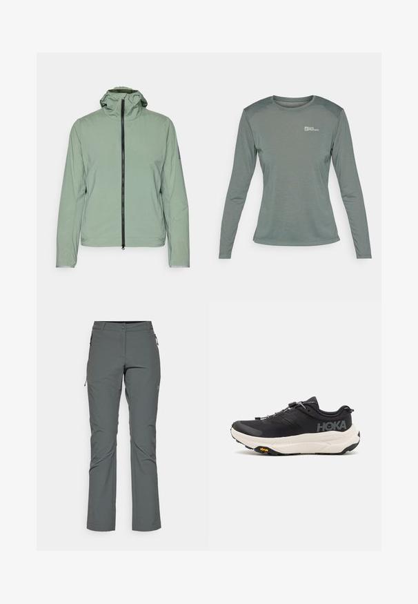 Light green, lightweight jacket with a zip closure, adjustable hood, and elastic cuffs. Features a simple, smooth texture and minimal design.; Long-sleeve t-shirt in muted green, made of lightweight, textured fabric. Features rounded neckline and small logo on left chest.; Gray outdoor pants made of lightweight, textured fabric; features zipper pockets and a fitted design with a straight leg cut.; Black athletic shoes with a breathable mesh upper, rubber outsole, white cushioning midsole, and reflective laces. Vibram logo on outsole.