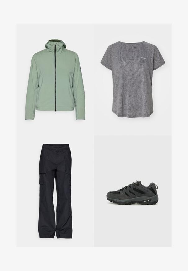 Jasnozielona, lekka kurtka z zamkiem błyskawicznym, regulowanym kapturem i elastycznymi mankietami. Posiada prostą, gładką teksturę i minimalistyczny design.; Szara koszulka z krótkim rękawem z subtelnym wzorem teksturowym, okrągłym dekoltem i logo Columbia na piersi. Miękka tkanina, luźny krój.; Columbia - Długie spodnie trekkingowe; Columbia REDMOND czarny