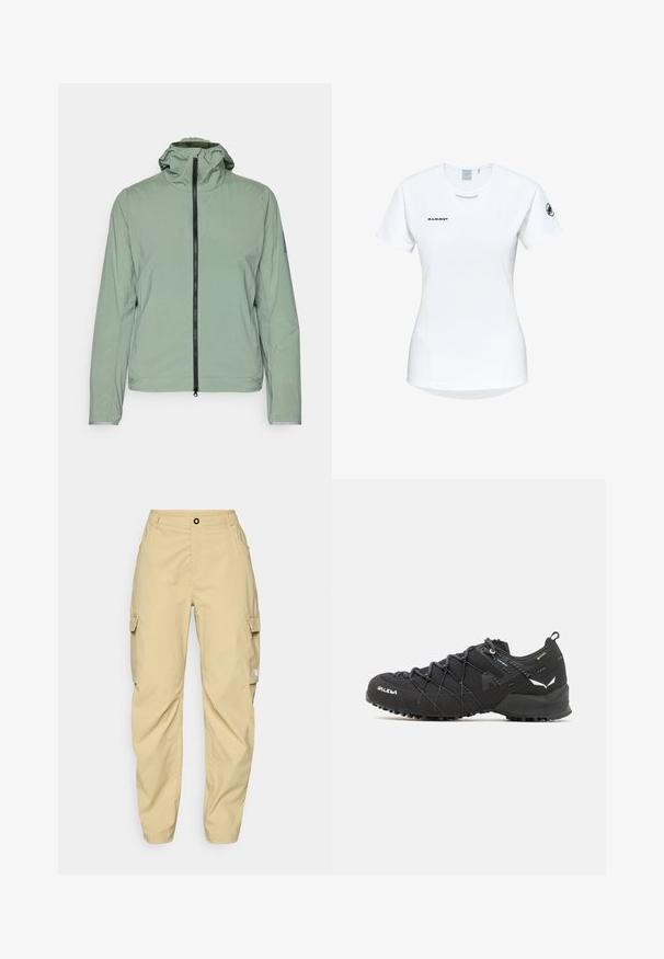 Lys grøn, letvægtsjakke med lynlås, justerbar hætte og elastiske manchetter. Har en simpel, glat tekstur og et minimalt design.; Kortærmet hvid sportsshirt med rund hals, prydet med et logo på brystet og en glat, let stofstruktur.; The North Face EXPLORATION CARGO PANTS - Outdoorbukser - khaki stone; Sorte vandresko med en tekstureret stofoverdel, snøresystem og robust gummisål. Accenteret med reflekterende detaljer og logoer.