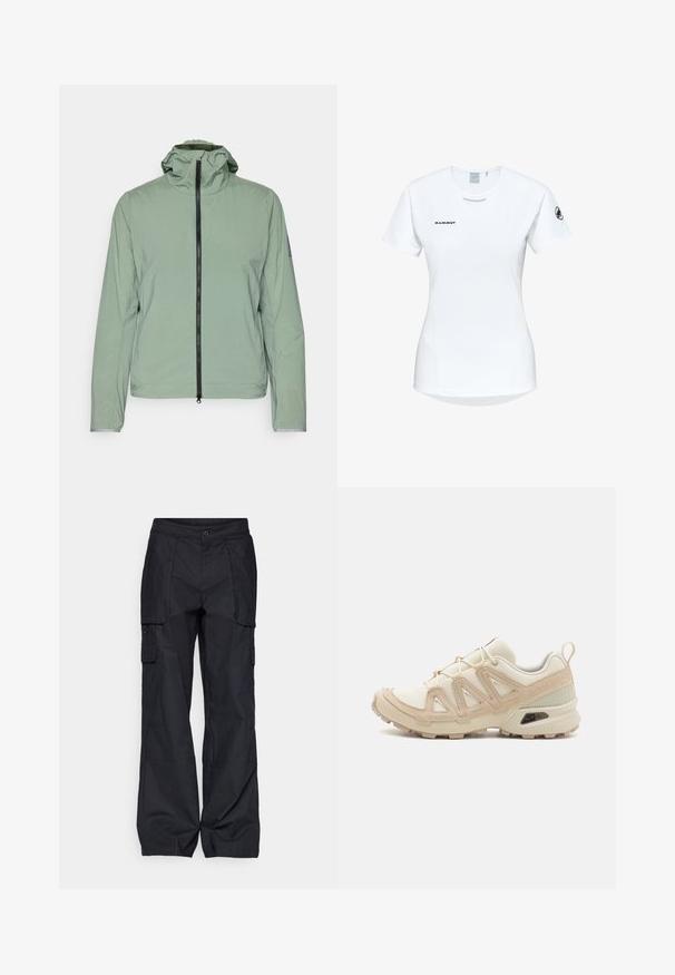 Lichtgroene, lichte jas met een ritssluiting, verstelbare capuchon en elastische manchetten. Heeft een eenvoudige, gladde textuur en een minimalistisch ontwerp.; Korte mouwen witte sportshirt met een ronde halslijn, voorzien van een logo op de borst en een gladde, lichte stoftextuur.; Columbia BREA FALLS™ COTTON RIPSTOP PANT - Outdoorbroeken - black; Beige en crème sportschoen met een textuur-mesh bovenwerk, ondersteunende overlays en een rubberen zool met een profielpatroon voor grip.