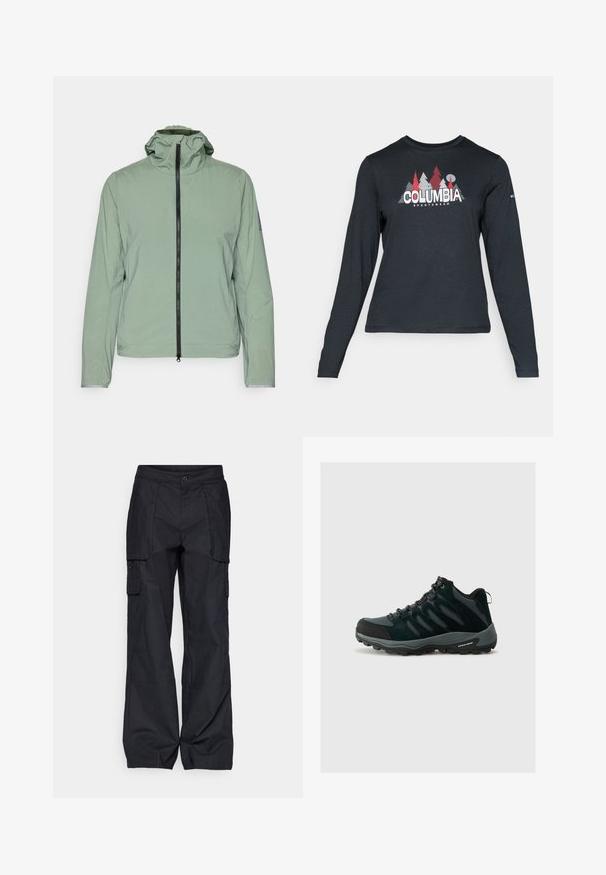 Hele rohelise, kerge jope, millel on lukuga sulgemine, reguleeritav kapuuts ja elastsed mansetid. Omab lihtsat, sujuvat tekstuuri ja minimaalset disaini.; Pikend varrukatega tumehall särk, millel on punaste puude ja mägede graafika; "COLUMBIA" logo julge valge tekstiga. Pehme kangas, tavaline ümmargune kaelus.; Columbia BREA FALLS™ COTTON RIPSTOP PANT - Õuepüksid - black; Columbia REDMOND - Matkajalatsid - black/citron haze