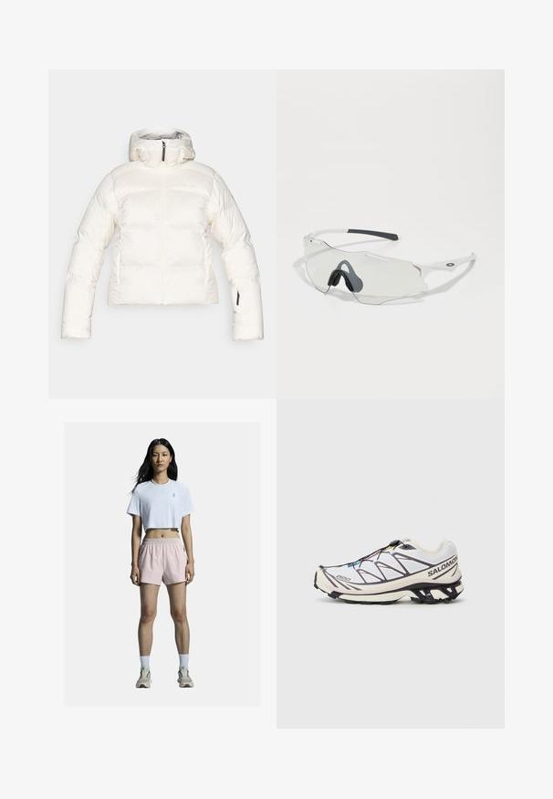 Valge puffjakker kõrge kaelusega, lukuga ees ja elastsete varrukatega. Omab õmmeldud disaini ja küljetaskuid. Pehme, tekstuuriga kangas.; Hele hall, pikkade varrukatega lühikene topp, mis on valmistatud venivast kangast, ümarate lõikejoontega ja õhukese disainiga. Kombineeritud kõrge vöökoha mustade legginsitega.; Valge lühikesed pusa, millel on logo, sobib kergete roosade spordilühikeste, millel on elastne vöökoht. Valged sokid ja neutraalsed tossud lõpetavad komplekti.; Salomon jooksutossud, millel on valge võrkmaterjalist pealis osadega purpurpruuni, tekstureeritud tallad ja kiire kinnitusmehhanism.; Klaasid selge objektiiviga, valge raamiga ja hallide kummist ninatoega. Omab sujuvat disaini, nurkseid jooni ja minimaalset riistvaraliste elementide kasutust.; Musta õlakott, mis on valmistatud tekstuursetest kangast, diagonaalse disainiga, reguleeritava rihmaga ja külgedel narri sulgemisega.