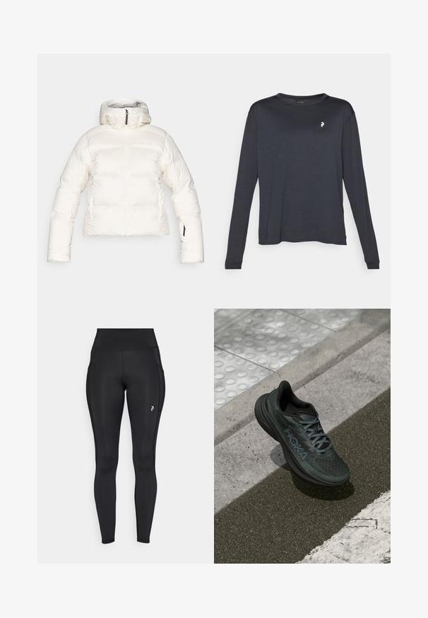 Weißer Daunenjacke mit hohem Kragen, Reißverschluss vorne und elastischen Bündchen. Verfügt über ein gesticktes Design und Seitentaschen. Weicher, strukturierter Stoff.; Dunkles Langarm-T-Shirt aus strukturiertem Stoff, mit Rundhalsausschnitt und einem kleinen weißen Logo auf der linken Brustseite.; Schwarze, knöchellange Leggings aus dehnbarem Material mit hoher Taille, seitlichen Taschen und einem kleinen Logo am linken Oberschenkel.; Schwarzer Laufschuh mit Mesh-Obermaterial, strukturierten Akzenten und Logo, mit einer gepolsterten Sohle und grauen Schnürsenkeln, auf Asphalt platziert.