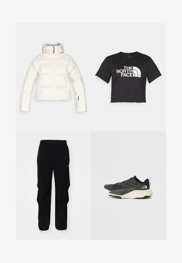 Valge puffjakker kõrge kaelusega, lukuga ees ja elastsete varrukatega. Omab õmmeldud disaini ja küljetaskuid. Pehme, tekstuuriga kangas.; Must must kleidend t-särk, millel on valge logo ja kõverad aktsendid, esiküljel tekst "THE NORTH FACE". Lühikesed varrukad, ümar kaelus.; Mustad must outdoor püksid, valmistatud vastupidavast materjalist, millel on mugav lõige, elastne vöökoht ja reguleeritavad varrukaotsad.; Musty mustusjalats musta pealisega, millel on tekstuur, hallid aktsendid ja valge vaheosa. Sisaldab tõmbeosa ning silmapaistvat brändi logo kandadel.