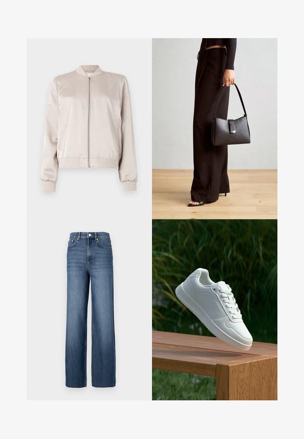 Világos bézs bomberdzseki selyemfényű anyagból, bordás mandzsettával és alsó résszel, elülső cipzárral és oldalsó zsebekkel. Sima textúra, klasszikus dizájn.; Virágmintás blúz sötét tengerészkék alappal, bézs és világoskék díszítéssel, gombos elülső résszel és háromnegyedes ujjakkal.; Kék farmernadrág magas derékkal és széles lábakkal. Klasszikus öt zsebes dizájn és fémből készült gomb részletek jellemzik.; Fehér sportcipő sima szintetikus felsőrésszel, perforált lábujjrész, lapos fűzőkkel és texturált talppal, fából készült felületen kihelyezve.; Fekete kézi táska strukturált formával, sima textúrával és fémből készült záródással. Széles fekete nadrággal és nyitott orrú szandállal párosítva, fából készült padlón.