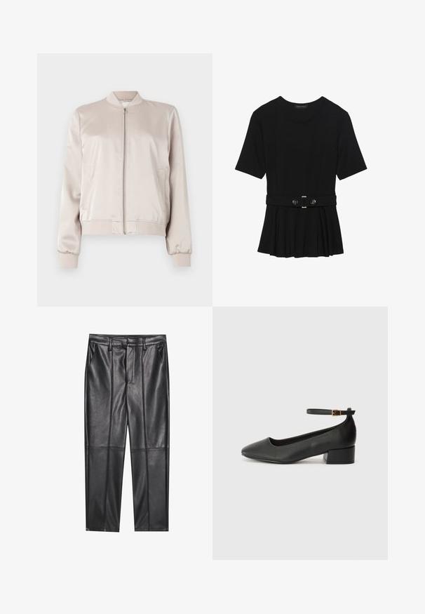 Light beige bomber jacket made of satin with ribbed cuffs and hem, front zipper, and side pockets. Smooth texture, classic design.; Black short-sleeve top made of smooth material, featuring a peplum design and a belted waist with two round, silver-tone buttons.; Black leather trousers with a smooth texture, featuring a straight fit, two front pockets, and visible seam detailing.; Black leather pump with a pointed toe and a low block heel. Features an ankle strap with a gold-tone buckle. Smooth texture.