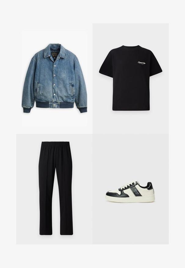 Levi's® ROWAN JACKET - Farkkutakki - finally made it; Mustat puuvillateepaidat, joissa on pyöreä kaula-aukko, lyhyet hihat ja pieni valkoinen logoteksti vasemmassa rinnassa. Yksinkertainen suunnittelu, klassinen istuvuus.; Mustat, joustavat vyötäröhousut suoralla lahkeella, joissa on sileä pinta ilman näkyviä kuvioita tai metalliosia.; Nahkakengät musta-kerma värimaailmassa, joissa on rei'itetyt yksityiskohdat, pehmustettu nilkkaosa ja teksturoitu pohja.