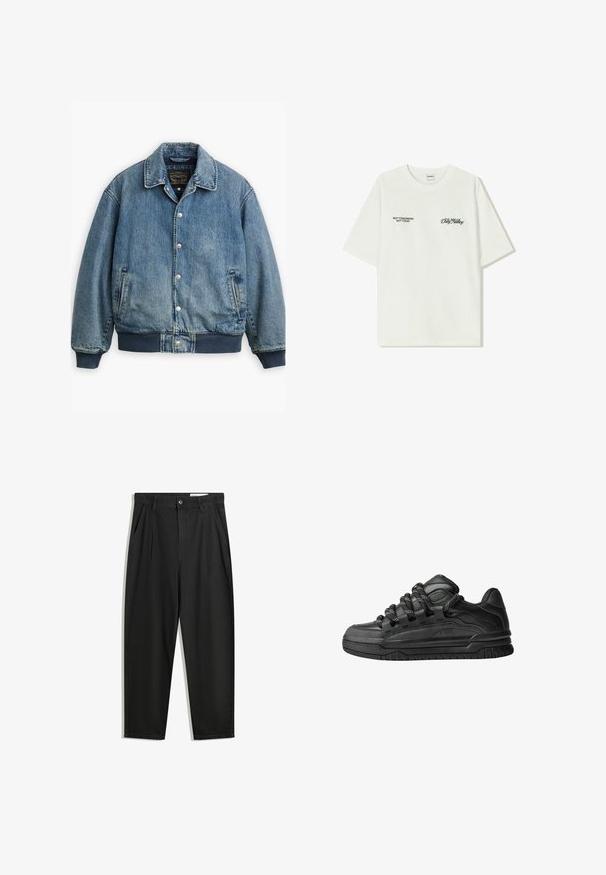 Levi's® ROWAN JACKET - Veste en jean - finally made it; T-shirt en coton blanc à manches courtes. Le devant présente un texte noir : « PAS DEMAIN PAS AUJOURD'HUI » et « L'ART DU DIRT NOVING » en écriture verte.; Pantalon en coton noir avec une coupe décontractée, dotés d'une taille classique, de plis à l'avant et de poches latérales. Texture lisse sans motifs.; Baskets noires avec une tige en cuir lisse, des accents texturés et des lacets ronds noir et blanc. Semelle en caoutchouc épaisse avec un motif de semelle.