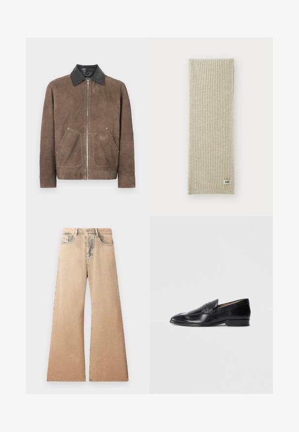 Rjav sueden plašč z črnima usnjenim ovratnikom, sprednjim zapiranjem na zadrgo in dvema velikima žepoma; mehak material in sproščen dizajn.; Bela srajca z dolgimi rokavi iz teksturirane tkanine, s klasičnim ovratnikom, sprednjim gumbom in ravnim robom, sproščenega kroja.; Bež džins hlače širokih nogavica z izbledelim teksturo, petimi žepi in šivanim detajlom ob šivih. Pas ima klasično gumbno zapiranje.; Črni usnjeni loferji z gladko površino, podolgovat vrh in subtilne šive. Imajo ravno peto in embosirano logo na strani.; Bež pletena šal z vertikalno rebrasto teksturo. Na enem koncu je majhna oznaka iz blaga z napisom "DRYARN". Mehak, lahek material.