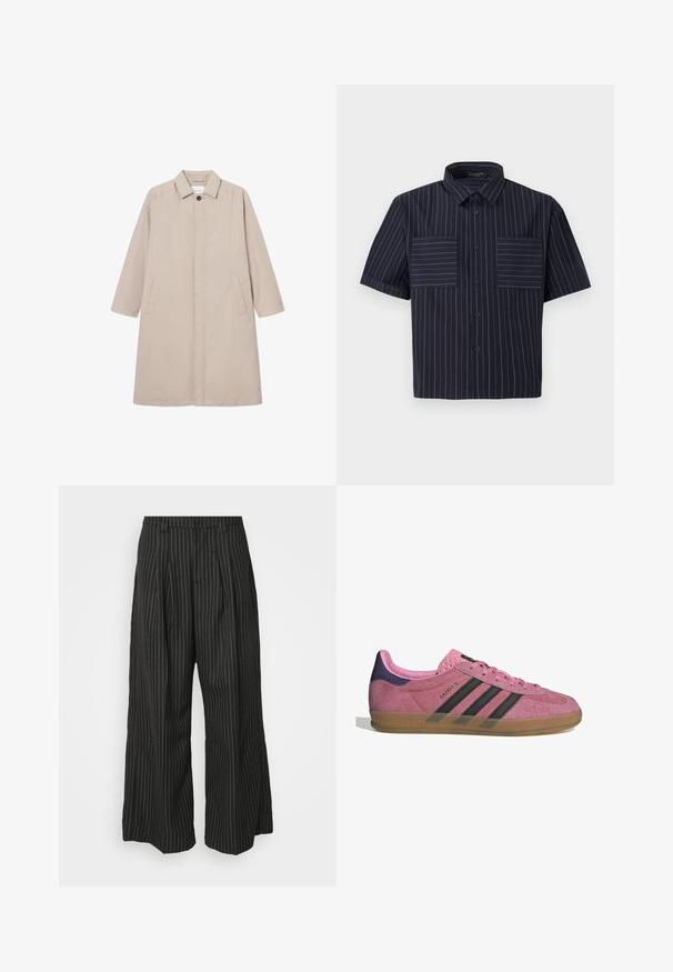 Beige regnjacka av lättviktig material, med krage, knappstängning och två sidofickor, långa ärmar och rak siluett.; Kortärmad skjorta i mörk marinblå tyg med vita vertikala ränder. Har en klassisk krage och två bröstfickor med horisontella ränder.; Svarta randiga byxor med vida ben och veck, som har en skräddarsydd design och en mjuk textur. Ingen synlig hårdvara eller detaljer.; Rosa mockasnöre med svarta ränder, gummsula och texturerad lila häl. Har en snörningsdesign och prägling på sidan.