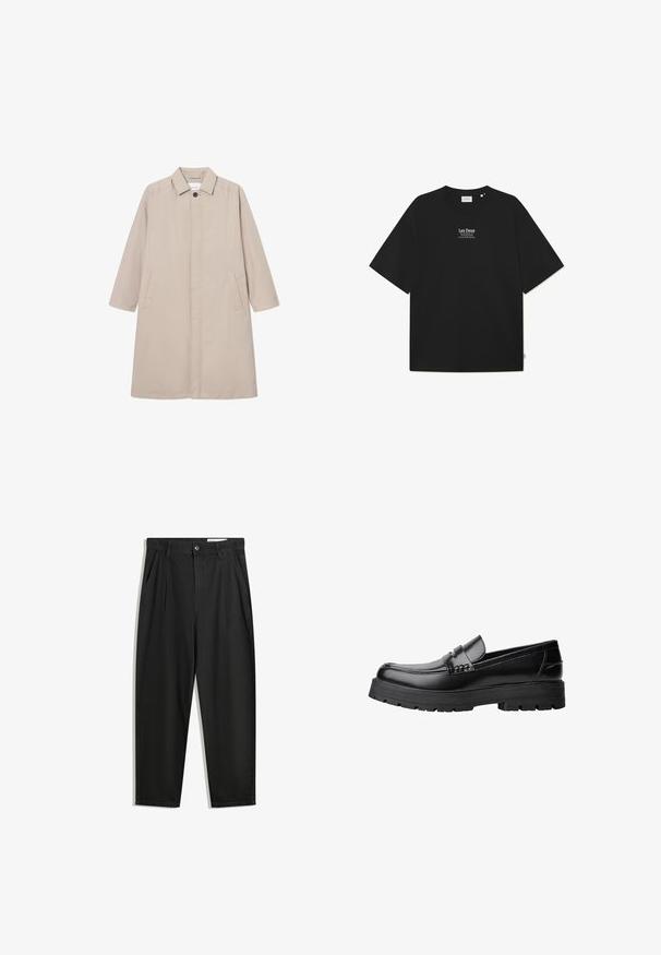 Pardosel de ploaie bej, confecționat dintr-un material ușor, cu guler, închidere cu nasturi și două buzunare laterale, cu mâneci lungi și croială dreaptă.; Tricou din bumbac negru cu o croială lejeră, guler rotund și mâneci scurte. Dispune de un logo din text alb „Les Deux” în centru. Design minimalist.; Pantaloni negri din bumbac cu croială lejeră, având un brâu clasic, plii frontale și buzunare laterale. Textură netedă fără modele.; Mocasini din piele neagră, cu talpă groasă și profilată și bandă decorativă pe partea superioară, prezentati din profil stâng pe fundal alb.