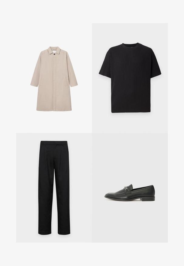 Beige vihmavari, mis on valmistatud kergetest materjalidest, kaelusega, nupupooldega ja kahe küljetaskuga, pihik pikkade varrukatega ning sirge lõikega.; Must mustriba lühikeste varrukatega T-särk ümmarguse kaelusega, millel on tekstuuriline pind ja lõdva fit.; Mustad mustadest riietest, millel on sirge jalgade disain, kaks eesmist voltimist ja tavaline vöökoht, millel on vöökohad.; Must haveate nahkking punased, millel on sile viimistlus, tikitud muster ja dekoratiivne metallkett vampi üle. Tasane konts.