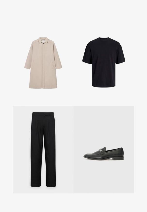 Šviesiai rudas lietpaltis, pagamintas iš lengvos medžiagos, su apykakle, mygtukų uždarymu ir dviem šoninėmis kišenėmis, ilgomis rankovėmis ir tiesia forma.; Juodas medvilninis marškinėlis su apvaliu iškirpimu, trumpomis rankovėmis ir laisvu siluetu. Glotni tekstūra, be matomų raštų ar akcentų.; Juodi kelnių modeliai, pagaminti iš lygios medžiagos, turi tiesią kojas, du priekiniai klostės ir standartinę juosmenį su diržo kilpomis.; Juodos odinės loafer tipo bateliai su lygiu paviršiumi, turintys siuvinėtą dizainą ir dekoratyvų metalo grandinėlės akcentą ant batų viršaus. Plokščias kulnas.