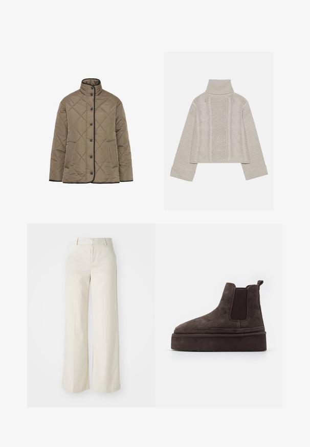 Gevoerde gewatteerde jas in olijfgroen met een hoge kraag, zwarte rand, knoopsluiting aan de voorkant en zijzakken. Ruitpatroon over het geheel.; Korte, lichtgrijze gebreide trui met een hoge kraag en ribbelmanchetten, met gestructureerde kabelpatronen op de rug en zijkanten.; Brede broek in een lichte beige kleur, gemaakt van een gladde stof. Kenmerkt zich door een klassieke tailleband en een vlakke voorkant met strakke lijnen.; Bordeaux kleurige suède Chelsea boots met elastische zijpanelen en een dikke, gestructureerde platformzool. Voorzien van een trektab aan de hiel voor gemakkelijk aan- en uittrekken.