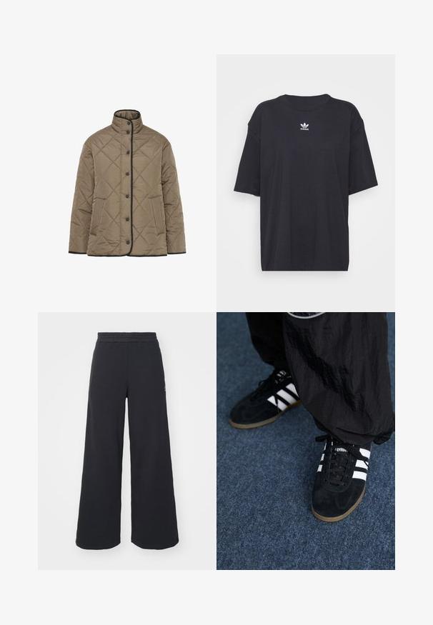 Giacca imbottita trapuntata in verde oliva con colletto alto, finiture nere, chiusura anteriore con bottoni e tasche laterali. Motivo a rombi su tutta la superficie.; T-shirt in cotone nero con maniche corte, scollatura rotonda, presenta un logo bianco Adidas sul petto. Design semplice, vestibilità rilassata.; Pantaloni felpati neri a gamba larga realizzati in tessuto morbido, con un elastico in vita e un piccolo logo sul lato sinistro.; Scarpe da ginnastica nere in suede con tre strisce bianche e lacci neri. Un pantalone nero a trama è parzialmente visibile accanto alle scarpe.