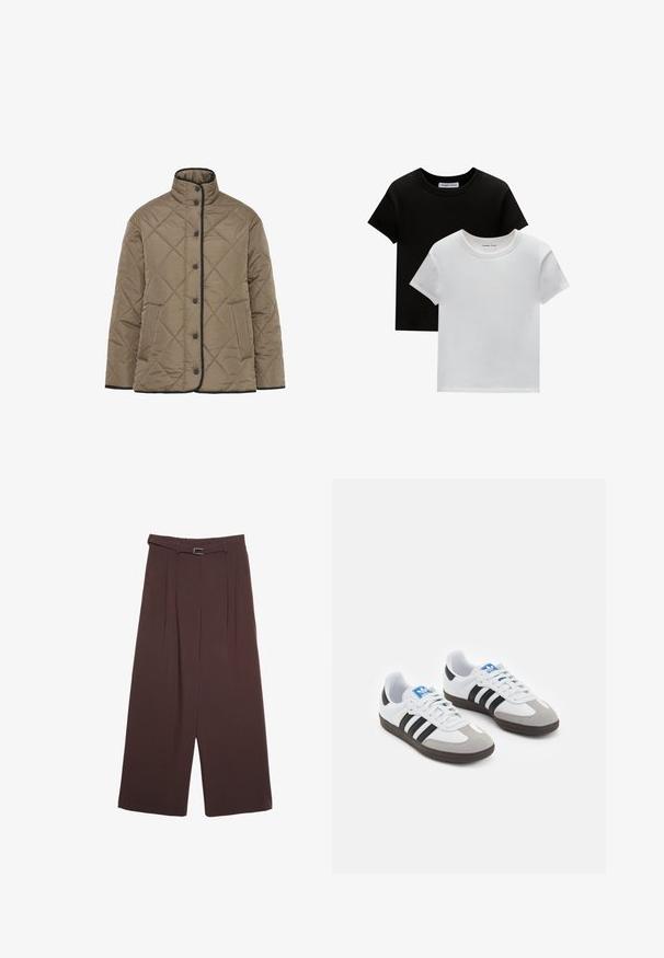 Gestepptes gepolstertes Jacket in Olivgrün mit hohem Kragen, schwarzer Borte, vorderen Knopfverschlüssen und seitlichen Taschen. Diamantenmuster auf der gesamten Fläche.; Zwei T-Shirts mit Rundhalsausschnitt in Schwarz und Weiß, aus Baumwolle. Sie haben kurze Ärmel und einfarbiges Design ohne Muster oder Akzente.; Stradivarius WIDE-LEG WITH BUCKLE DETAIL - Stoffhose - dark brown; Sportschuhe mit einem Obermaterial aus weißem Leder, grauer Wildleder-Zehenkappe und drei schwarzen Streifen. Sie verfügen über ein blaues Logo auf der Zunge und eine strukturierte Gummisohle.