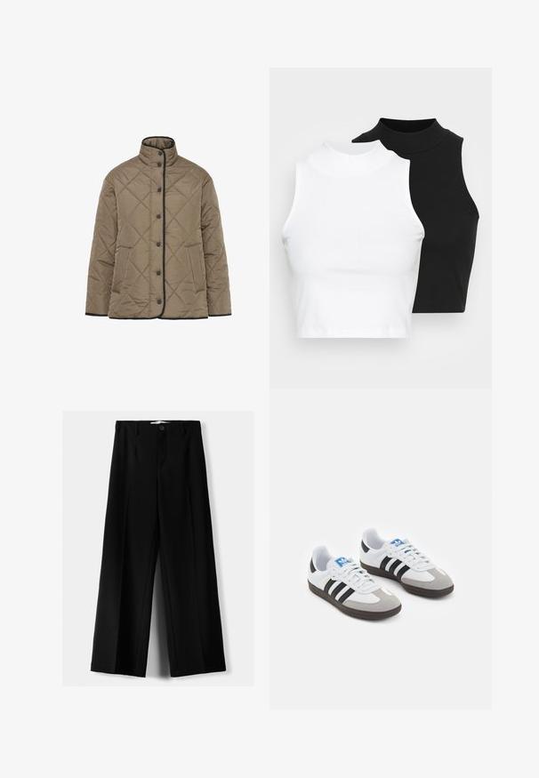 Padded quilted jacket in olive green with a high collar, black trim, front button closures, and side pockets. Diamond pattern throughout.; Two sleeveless ribbed turtleneck tops in black and white, featuring a fitted design and smooth texture, with cropped length.; Black wide-leg trousers made of lightweight fabric, featuring a front button closure and flat front, with neatly stitched hems.; Sport shoes with a white leather upper, gray suede toe, and three black stripes. Features a blue logo on the tongue and a textured rubber sole.