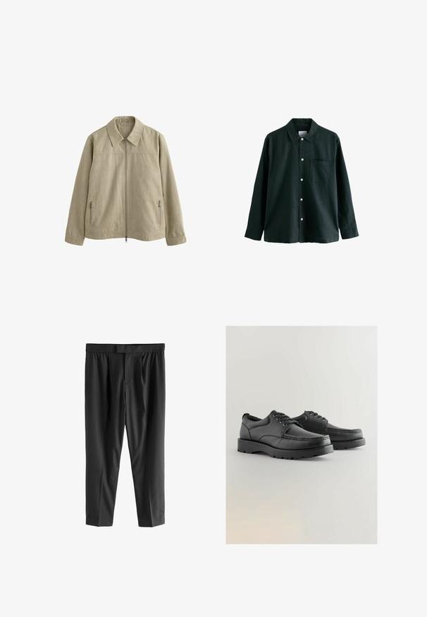 Lichtbeige jas met een kraag, voorzijde met ritssluiting en twee zijzakken met ritssluiting. Gemaakt van zacht, gestructureerd materiaal.; Donkergroene overhemden met kraag, lange mouwen en een enkele borstzak; heeft witte knopen en een zachte textuur.; Next REGULAR FIT -CHECK SMART - Chino - black; Zwarte leren schoenen met een gestructureerde bovenkant, ronde neus, vetersluiting en dikke rubberen zolen met een patroon.