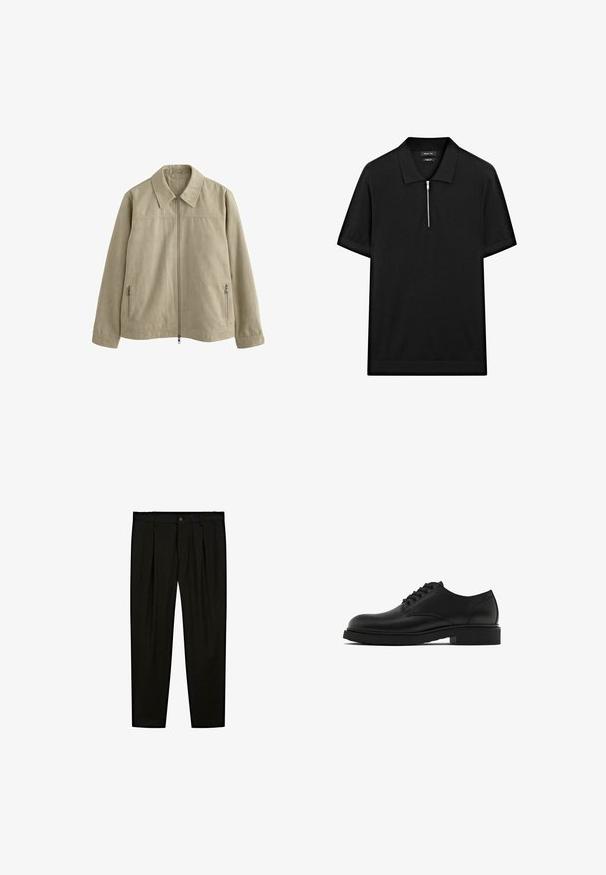 Helles beige Jackett mit einem Kragen, Frontreißverschluss und zwei seitlichen Reißverschlusstaschen. Hergestellt aus weichem, strukturiertem Stoff.; Schwarzes kurzärmliges Poloshirt mit Stehkragen und einem Reißverschluss vorne. Hergestellt aus einem glatten Stoff mit einem klaren, minimalistischen Design.; Schwarze maßgeschneiderte Hose aus glattem Stoff. Zu den Merkmalen gehören eine flache Vorderseite, weite Beine und ein Knopfverschluss am Taillenbund.; Schwarze Lederschuhe mit strukturiertem Finish, runder Spitze, fünf Ösen für Schnürsenkel und einer stabilen schwarzen Sohle. Einfaches, gerades Design.