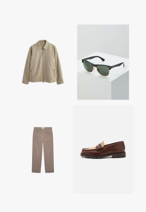 Jachetă bej deschisă cu guler, închidere cu fermoar pe față și două buzunare laterale cu fermoar. Fabricată dintr-un material moale, texturat.; Top din bumbac alb, cu decolteu rotund, bretele late și margine dreaptă, având o textură fină și fără modele vizibile.; Jeans drepti maro, cu un design cu cinci buzunare, accesorii metalice și o textură netedă. Țesătura are un model subtil și uniform.; Loaferi din piele maro cu un accent din pânză taupe, detalii cusute și o talpă din cauciuc texturat, proiectați pentru confort și durabilitate.; Ochelari de soare Ray-Ban cu lentile verzi, rame din plastic negru și accente aurii pe margini. Formă pătrată cu un finisaj mat.