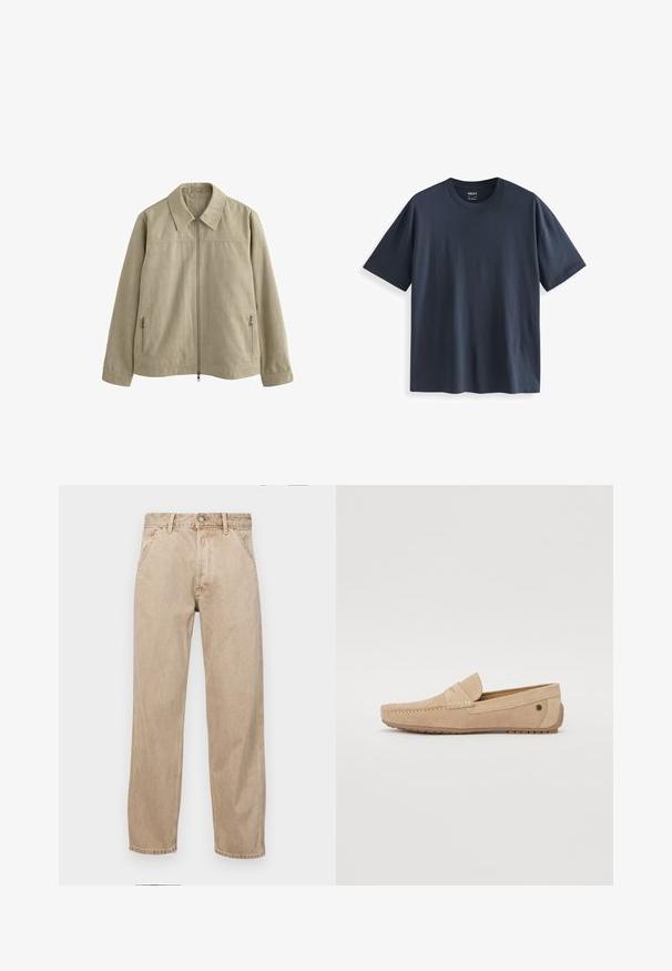 Veste beige clair avec un col, fermeture éclair sur le devant et deux poches zippées sur les côtés. Fabriquée en tissu doux et texturé.; T-shirt en coton bleu marine avec un col rond, des manches courtes et une coupe décontractée. Texture lisse sans motifs ni accents visibles.; Jeans en denim beige avec une coupe droite, dotés de poches avant, d'une fermeture à bouton en métal et d'une texture subtile.; Jack & Jones JFWJENSEN - Mocassins - moonbeam