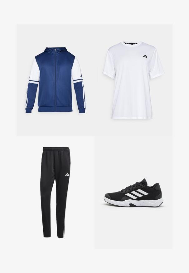 Marineblå hettejakke med glidelås og hvite ermer, med tre hvite striper på hver arm og et Adidas-logo på brystet.; Hvit trenings T-skjorte med korte ermer, laget av fukttransporterende stoff. Har en svart logo på venstre bryst og et mønstrete innvendig halsåpning.; Sorte treningsbukser med en elastisk midje, hvite side.striper og en liten hvit logo på låret. Laget av et glatt, lett materiale.; Sorte joggesko med teksturert mesh-overdel, hvite aksentstriper, en polstret såle og en forsterket hæl for støtte.