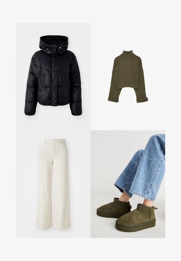 Čierna pufovaná bunda s vysokým golierom a kapucňou na sťahovanie, ktorá sa zapína na predný cvoček a má diagonálny šitý vzor na tele.; Stradivarius Svetrík - khaki; Široké nohavice svetlej béžovej farby, vyrobené z hladkej textílie. Majú klasický pás a rovný predok s čistými líniami.; Zeleno-olivové semišové členkové topánky s hrubou, textúrovanou podrážkou a úchytom. Skombinované so svetlomodrými, zdobenými džínsami.