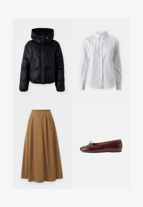 Giubbotto imbottito nero con colletto alto e cappuccio regolabile, dotato di chiusura frontale a bottoni e motivo di cuciture diagonali sul corpo.; Camicia bianca con bottoni, realizzata in cotone liscio, dotata di un colletto classico, maniche lunghe e orlo curvo. I bottoni sono piccoli e bianchi.; Gonna A-line in cotone marrone con vita alta, caratterizzata da pince sulla parte anteriore e una texture liscia. Le finiture dell'orlo sono pulite e semplici.; Ballerine in pelle verniciata bordeaux con punta arrotondata, piccolo fiocco decorativo sulla parte anteriore e suola bassa in gomma nera. Texture liscia.