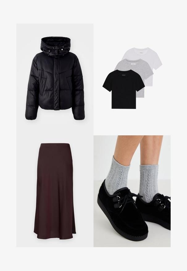 Black puffer jacket with a high collar and drawstring hood, featuring a front snap closure and diagonal stitched pattern on the body.; Set of three short-sleeve t-shirts in black, gray, and white. Made from cotton, featuring a crew neck and a simple, solid color design.; Burgundy satin midi skirt with a smooth texture, a straight fit, and a slightly flared hem. No visible patterns or hardware details.; Black velvet shoes with flat soles, round toe, and double eyelets. Worn with gray cable-knit socks. Smooth texture and simple design.