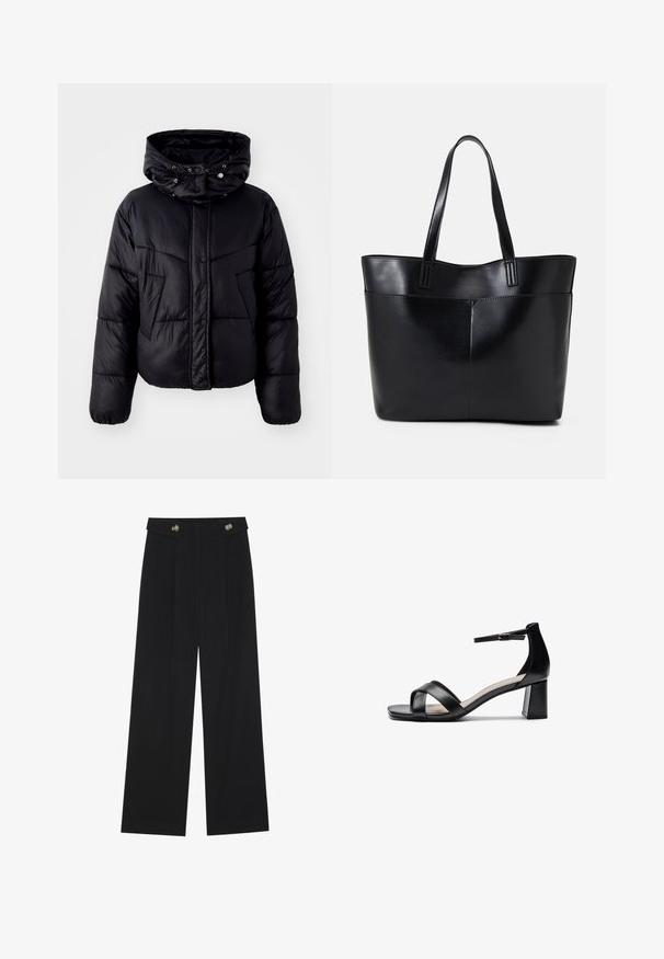 Must mustang, kõrge kaelusega ja sukapaelaga kapuutsiga must puffer jope, millel on esiküljel nööbi sulg ja keha peal diagonaalne õmmeldud muster.; Must mustaga, millel on ees ja randmetel kokku tõmmatud kangadetailid, valmistatud pehmest ja venivast materjalist ning paadi kaelusega.; Mustad laiad püksid kõrge vöökoha ja nööpdetailidega vööandil, esikortsudega.; Must mustaga avatud varvastega kontsasaapad, millel on ristatud rihmad, reguleeritav pahkluu riba ja tükike konts, millel on sile nahk tekstuur.; Must mustaga musta nahast, millel on kaks pikka kanda, sile tekstuur ja struktureeritud kuju. Esipoolsel on lisakoti jaoks tasku.