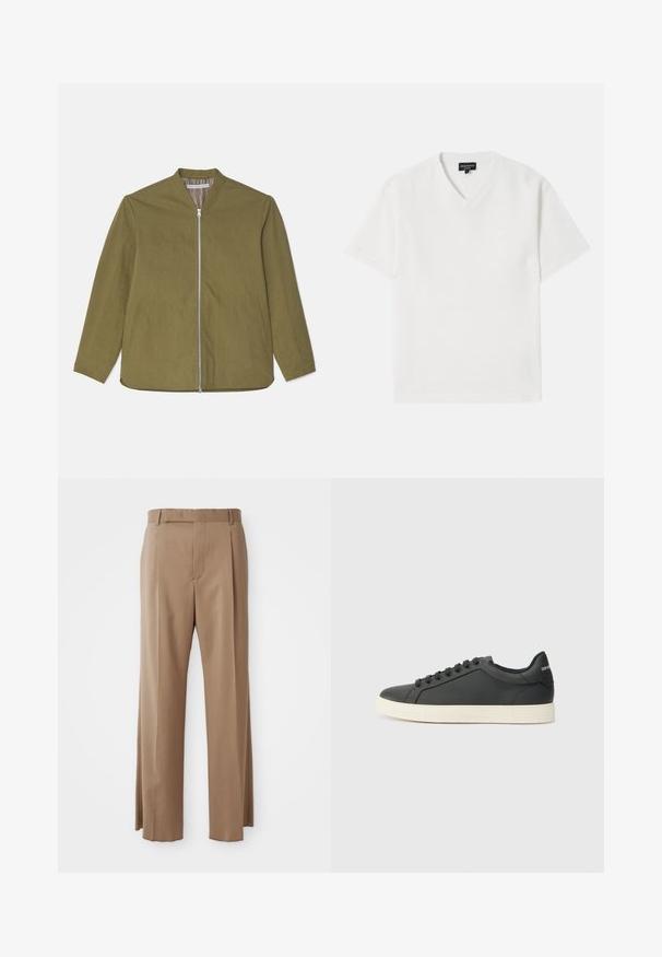 Olivno zelena, lahka jakna s sprednjim zadrgo, ovratnikom in dvema stranskima žepoma. Gladka tekstura, sproščen kroj in preprost dizajn.; Bela kratka majica s V-izrezom, izdelana iz teksturirane tkanine z nevsiljivim vzorcem. Ima majhen logotip na prsih.; Svetlo rjave prirejene hlače s klasičnim krojem, z zankami za pas, sprednjim šivom in skritim zapiranjem, razstavljene na ravni beli podlagi.; Črne usnjene superge z nizkim profilom, okroglo špičko in vezalkami; vsebujejo teksturiran gumijast podplat in detajl z logotipom na peti.