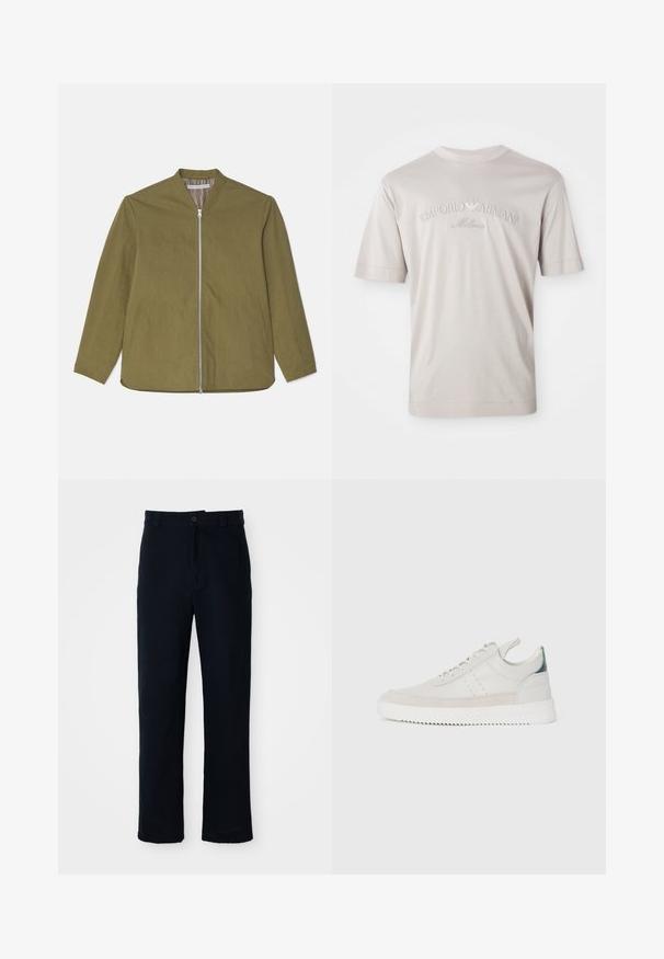 Olivza zaļa, viegla jakas ar priekšējo rāvējslēdzēju, ar stīpveida apkakli un divām sānu kabatām. Gluda tekstūra, brīva piegriezuma un vienkāršs dizains.; Gaišs beidzies īsām piedurknēm t-krekls no mīksta auduma, uz kura ir izšūts "Emporio Armani Milano" logo nedaudz tumšākā tonī.; Kokvilnas tumši zilas bikses ar taisnu kāju dizainu, priekšējo pogu aizdari un klasisku jostasvietu ar jostas cilpiņām.; Baltas ādas sporta apavi ar pelēka zamšādas akcentiem, saistoša dizaina, ar vilkšanas cilpu un teksturētu gumijas zoli, kas raksturojas ar zigzag rakstu.