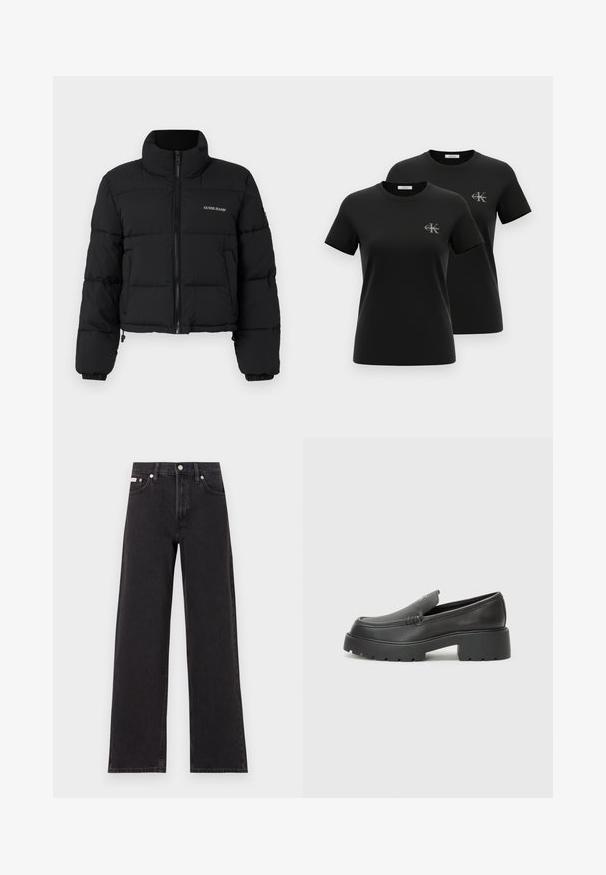 Črna skrajšana puhovka z visokim ovratnikom, zadrgo spredaj, šivanimi paneli in vezenim logotipom "GUESS JEANS" na levi strani prsnega dela.; Dve črni majici s kratkimi rokavi in okroglim izrezom, vsaka z majhnim sivim logotipom "CK Calvin Klein" na levi strani prsi, prikazani na belem ozadju.; Črne široke jeans hlače iz denima, s poudarjenim pasom, petimi žepi in kovinskim gumbom za zapiranje ter kontrastnim šivanjem.; Črne usnjene loafers čevlje z zaobljenim nosom, debelim teksturiranim podplatom in minimalnimi šivi. Elegantna zasnova brez vidnih vezalk ali kovinskih delov.