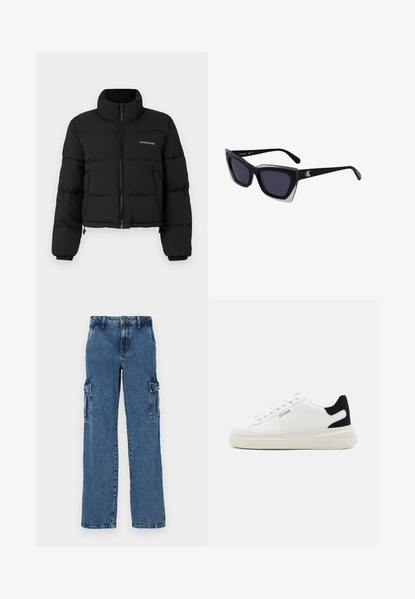 Czarna krótka kurtka puchowa z wysokim kołnierzem, zamkiem z przodu, przeszytymi panelami oraz wyszywanym logo "GUESS JEANS" po lewej stronie klatki piersiowej.; Bawełniana koszulka z poziomymi granatowymi paskami na białym tle. "Tommy Hilfiger" wyszyte kursywą na klatce piersiowej. Okrągły dekolt.; Niebieskie dżinsowe spodnie cargo o luźnym kroju, z dwiema bocznymi kieszeniami, wzmocnionymi szwami i prostym krojem nogawki.; Białe skórzane sneakersy z grubą białą podeszwą, czarnym zamszowym akcentem na pięcie oraz wytłoczonym logotypem z boku. Projekt z sznurówkami i sześcioma dziurkami.; Czarne, oversize okulary przeciwsłoneczne o geometrycznym kształcie, z ciemnymi soczewkami i kontrastującym szarym detalem na oprawie. Logo na ramieniu.