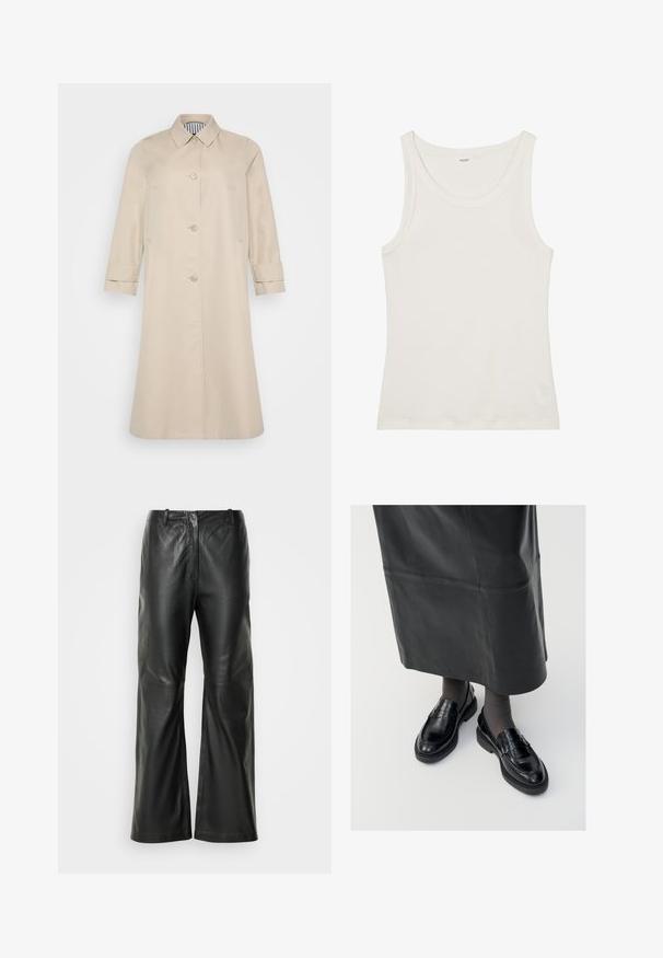 Cappotto beige con taglio dritto, chiusure a bottoni e colletto. Presenta tasche laterali e maniche a costina. Texture liscia.; Top in cotone bianco a spalla larga con spalline sottili. Tessuto liscio senza motivi visibili o decorazioni.; Pantaloni larghi in pelle nera con una superficie liscia, dotati di vita a media altezza e dettagli di cucitura minimi sul davanti.; Mocassini in pelle nera con una finitura liscia, dotati di una fascia decorativa, punta rotonda e suola texturizzata. Indossati con una lunga gonna in pelle nera.