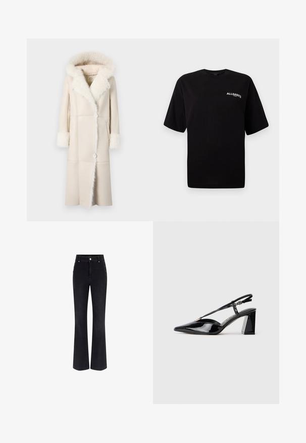 Hosszú, krémszínű kabát, mely műszőrme kapucnival és mandzsettákkal, elülső gombos záródással, valamint egyenes siluettel és panel részletekkel rendelkezik.; Fekete pamut póló kerek nyakkivágással, rövid ujjal, a bal mellrészen szereplő kis fehér "ALLSAINTS" logóval. Sima textúrájú, laza fazonú.; Fekete farmerbő szabású nadrág, magas derékkal, öt zsebbel, valamint fémgomb díszítéssel az oldalakon. Sima textúra és klasszikus illeszkedés.; Fekete lakk bőrből készült slingback magas sarkú cipők hegyes orral, állítható pánttal és vastag téglalap alakú sarokkal.