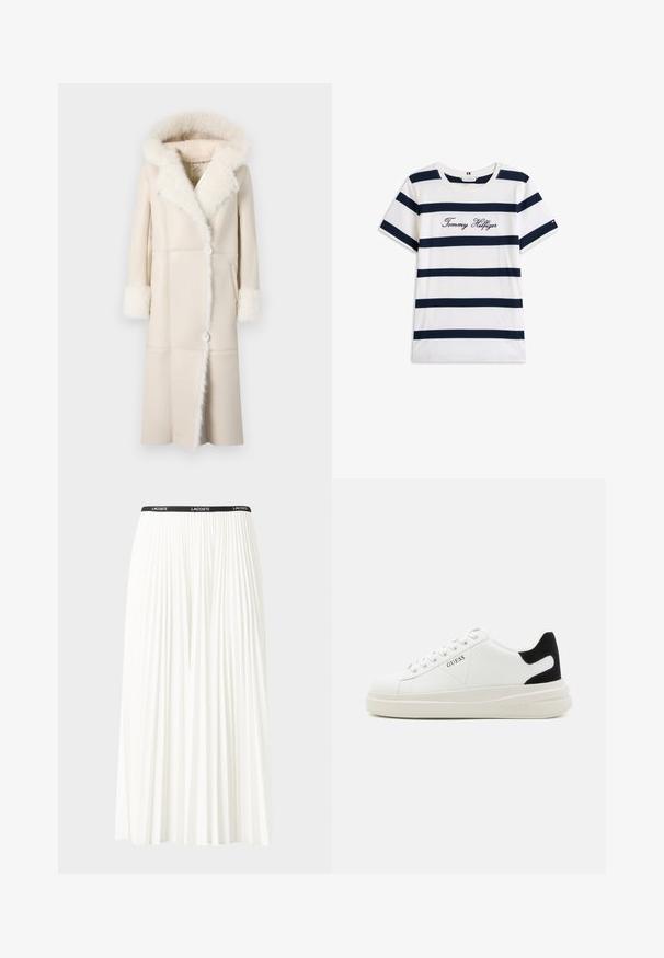 Lang, cremet farvet frakke med kunstpels hætte og manchetter, frontknaplukning og en lige silhuet med paneldetaljer.; T-shirt i bomuld med vandrette marineblå striber på en hvid baggrund. "Tommy Hilfiger" broderet i kursiv på brystet. Rund hals.; Plisseret hvid nederdel med en sort elastisk talje, der har "LACOSTE"-logoet. Mellemlang design med blød tekstur.; Hvide lædersneakers med en tyk hvid sål, sort ruskindhælvægt og prægede logoer på siden. Snørebåndsdesign med seks øjer.