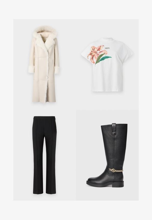 Pikk kreemikas mantel, millel on faux karvane kapuuts ja mansetid, esine nööbiga sulgemine ning sirge siluett paneeldetailidega.; Valge puuvillane T-särk lühikeste varrukatega, millel on vasakul küljel roosa lillemuster ja rohelised lehed. Üle disaini on hall "Guess" logo.; Mustriga mustad püksid sujuva tekstuuriga, otse lõikega, keskel olevate voldikutega ja minimalistliku vöökohaga.; Must muste kneepikad mustad nahast saapad tekstureeritud viimistlusega, kaunistatud dekoratiivse kuldse äärisega ja tasase kummist tallaga.