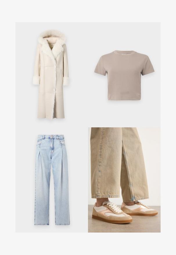 Ilgai kreminės spalvos paltas su dirbtiniu pūkuotojo gobtuvu ir rankogaliais, priekyje užsegamas mygtukais, tiesaus silueto su panelių detalizavimu.; Kreminė spalva trumpa rankovėmis marškinėliai su apvaliu iškirpimu ir mažu ženklu netoli apatinio krašto.; Šviesiai mėlyni džinsai su aukštu liemeniu, plačiomis kojomis, dviem šoninėmis kišenėmis ir raukinių dizainu. Minkšta tekstūra su nudilusia apdaila.; Kreminių ir rudos spalvos sportbačiai su veliūro ir tinklinio dizainu, turintys raištelių užsegimą ir guminį padas, derinami su rudos spalvos plačiomis kelnėmis.