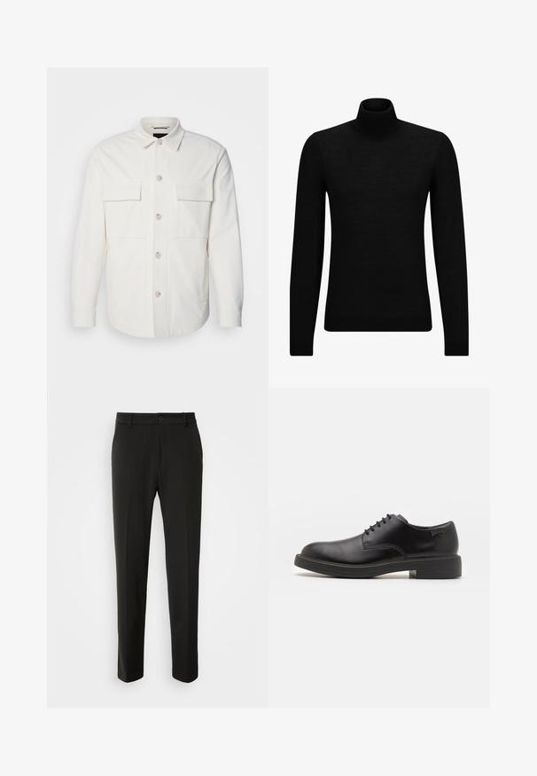 Biała kurtka z miękkiego materiału, z dwoma przednimi kieszeniami, zapięciem na guziki w jasnym kolorze oraz klasycznym kołnierzykiem.; Czarny sweter z golfem wykonany z miękkiego materiału, z długimi rękawami i dopasowanym krojem. Żebrowane wykończenie na dolnym brzegu i mankietach. Prosty design.; Czarne spodnie z gładkiego materiału, z prostymi nogawkami, z zapięciem na guzik i klasycznym wzornictwem, odpowiednie zarówno na formalne, jak i codzienne okazje.; Czarny skórzany but za kostkę z okrągłym noskiem, gładką fakturą, minimalnym przeszyciem i niskim gumowym obcasem. Logo na pięcie.
