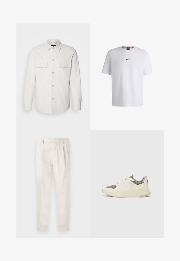 White shirt jacket made of soft fabric, featuring two front pockets, a button closure with light-colored buttons, and a classic collar.; White cotton T-shirt with short sleeves, featuring a black "BOSS" logo centered on the chest and a round neck design.; White, pleated trousers with a tailored fit, featuring a smooth texture, belt loops, and tapered legs. No visible pockets or patterns.; White and light beige athletic sneaker, featuring a mesh upper, perforated detailing, and a textured midsole with branding on the heel.