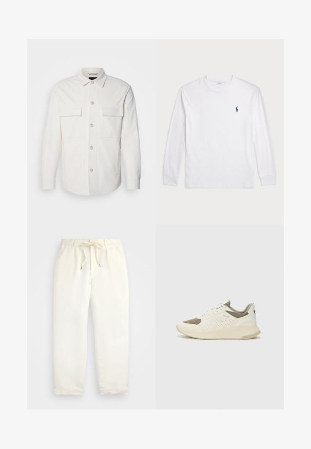 Jachetă albă dintr-un material moale, având două buzunare frontale, închidere cu nasturi de culoare deschisă și un guler clasic.; Tricou alb cu mânecă lungă, din bumbac. Are un decolteu rotund, mansete ribbate și un mic logo polo bleu închis pe pieptul stâng.; Pantaloni casual de culoare crem deschis, confecționați dintr-un material moale. Au o talie elastică cu șnur și un design cu picioare înguste.; Tenis sportivi alb și bej deschis, cu un înveliș din plasă, detalii perforate și o talpă intermediară texturată, având marcaj pe călcâi.