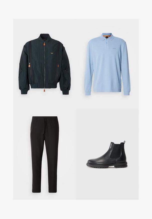 Dark bomber jacket with a smooth, slightly textured fabric. Features zippers, leather accents, and a prominent logo on the chest.; Light blue long-sleeve polo shirt in textured fabric with a collar and two-button placket, featuring embroidered "BOSS" logo on the chest.; Black jogger pants made of smooth fabric. Feature an elastic waistband with a drawstring, tapered legs, and no visible pockets. Simple design.; Black leather Chelsea boot with elastic side panels, pull tab, rounded toe, and rugged sole featuring traction grooves.